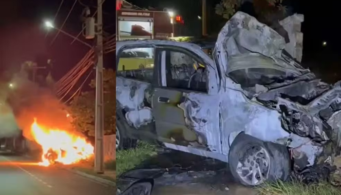 Oito pessoas estavam no veículo que colidiu em muro e pegou fogo — Foto: Oito pe
