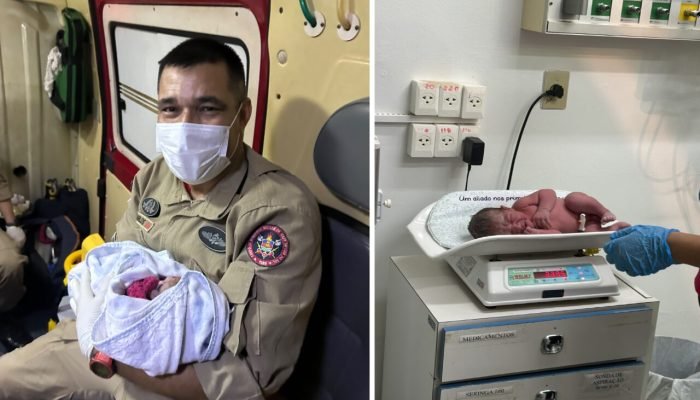 Bombeiro segurando recém-nascido e bebê sendo pesado em balança.