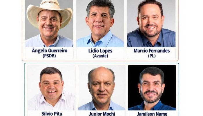 Montagem com fotos de seis políticos e seus respectivos partidos.