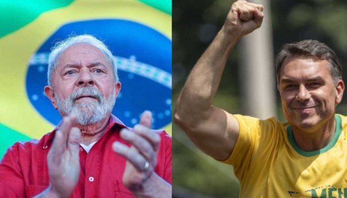 Montagem com Lula à esquerda e Flávio Bolsonaro à direita.