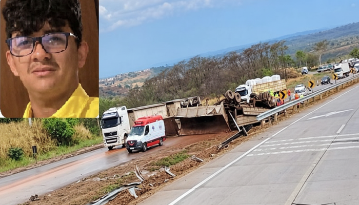 Retrato de homem ao lado de cena de acidente rodoviário.