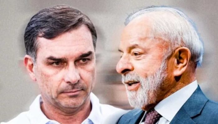 Flávio Bolsonaro e Lula em montagem fotográfica lado a lado.