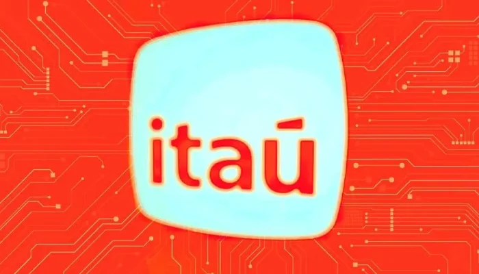 Logo do banco Itaú sobre fundo laranja com circuitos eletrônicos.