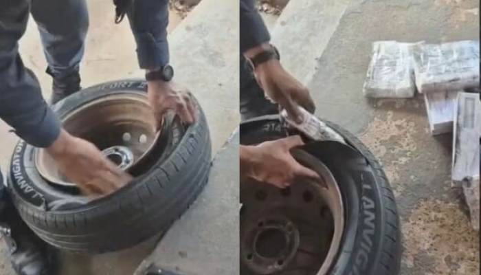 Emagrecedores apreendidos em estepe de carro — Foto: Divulgação/PM