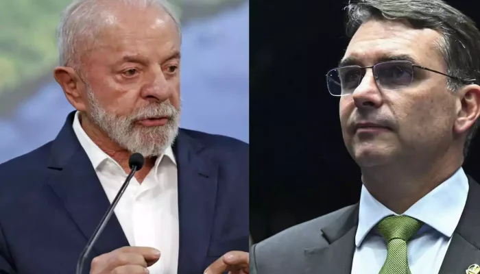 Imagens lado a lado de Lula e Flávio Bolsonaro.