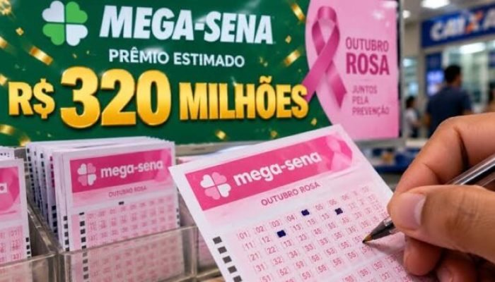 Mão marcando bilhete da Mega-Sena com prêmio de 320 milhões.