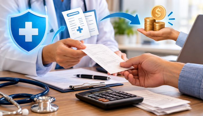 Médico entregando documentos com ícones de seguro saúde e moedas.