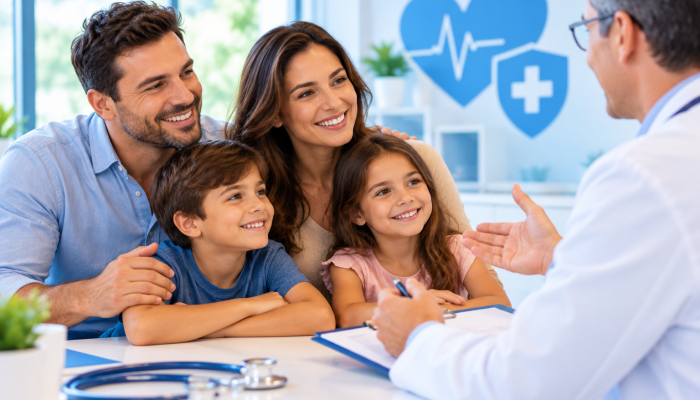 Família sorridente consultando um médico em um consultório iluminado.
