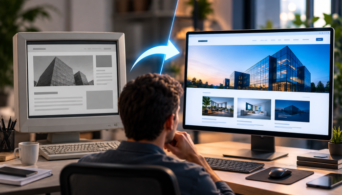 Comparação entre monitor antigo e moderno exibindo design de site.