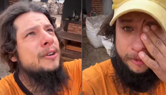 Homem de barba expressando emoção em duas fotos diferentes.