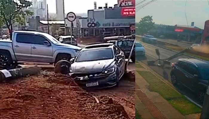 Em Campo Grande, carro derruba poste na Avenida Mato Grosso