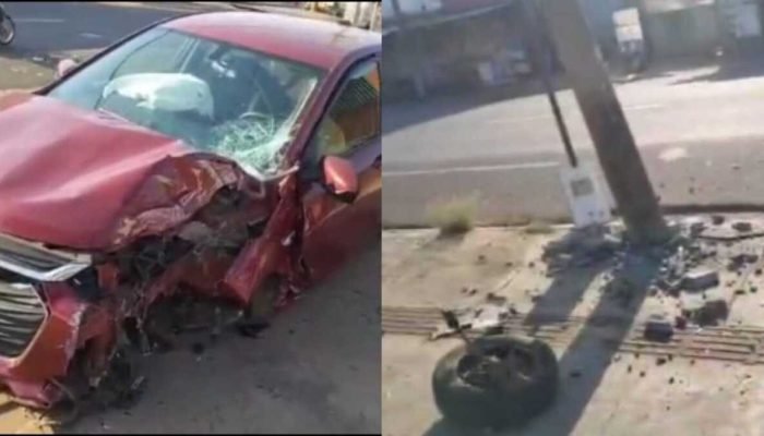 Motorista foge após destruir carro e poste em batida na Avenida Marechal Deodoro