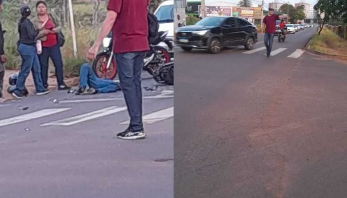 Motociclista fica ferido após perder controle e bater em carro na Avenida Três Barras
