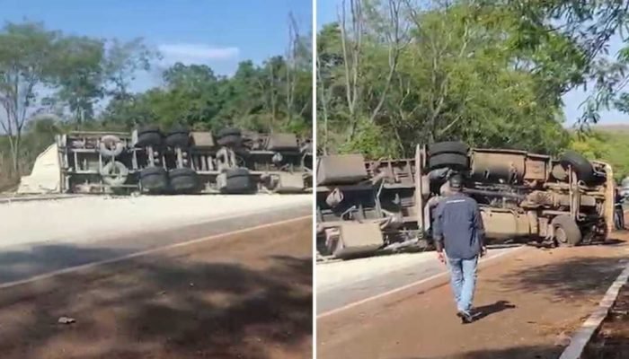 Carreta tomba na BR-262 durante manobra de ultrapassagem
