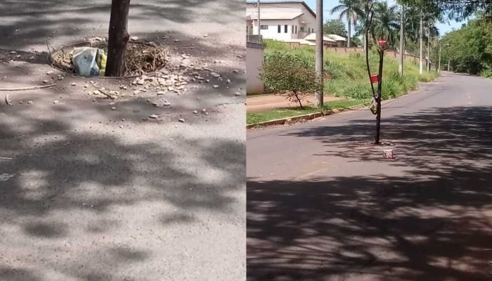 Moradores sinalizam bueiro aberto na Mata do Segredo para evitar acidentes