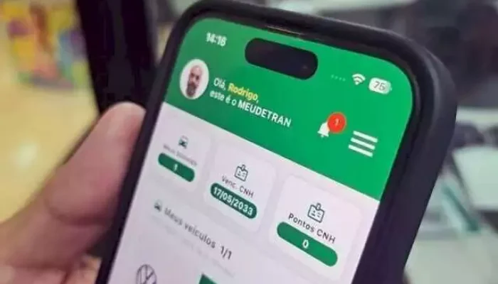 Smartphone exibindo o aplicativo MeuDetran com informações de motorista.